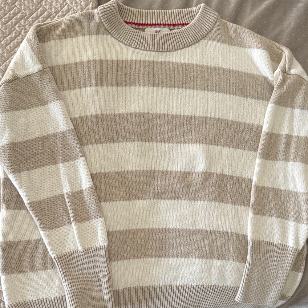 Vineyard Vines Beige and White Striped Crewneck Sweater